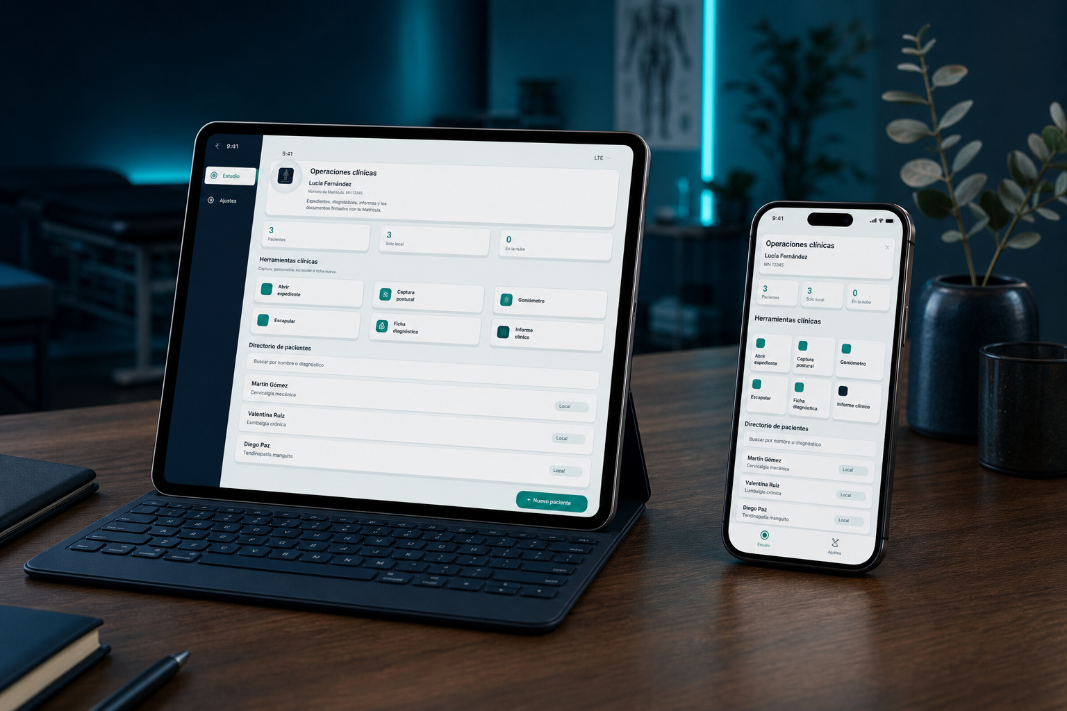 Sesimetria en el escritorio del consultorio: tablet y teléfono